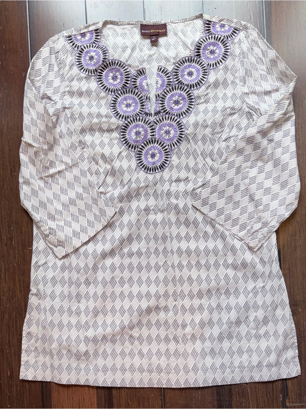 Tunic Top Dana Buchman Cream with Lavender Black Embroidered Medallions Large